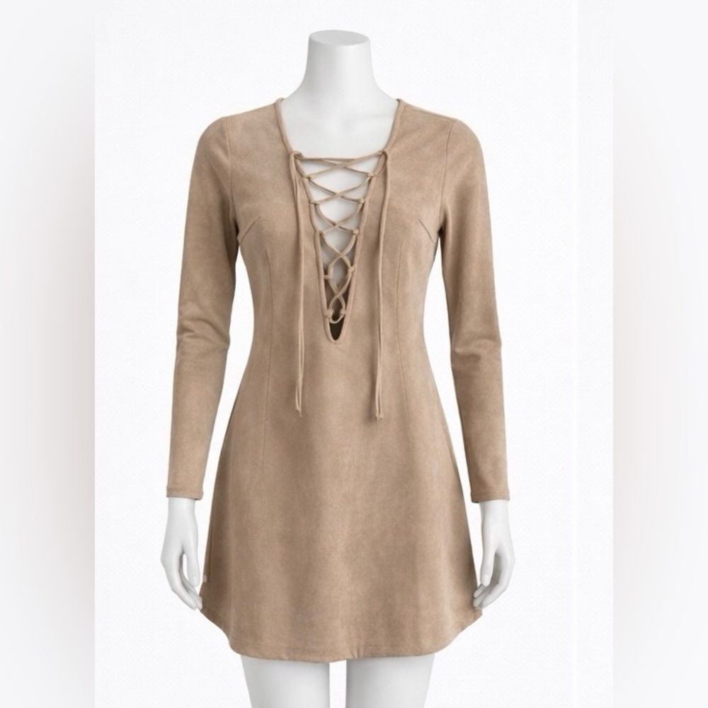 WYDR Taupe Faux Suede Lace-Up Long Sleeve Mini Dress | Size Small - NWT